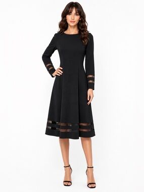 Calvin Klein Black Fit & Flare Midi Dress Size 2 Sheer Mesh Detail